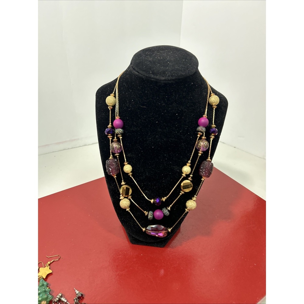Necklace Gold Layered Pink Blue Burgundy Purple Stones Gold Tone Chain Wedding